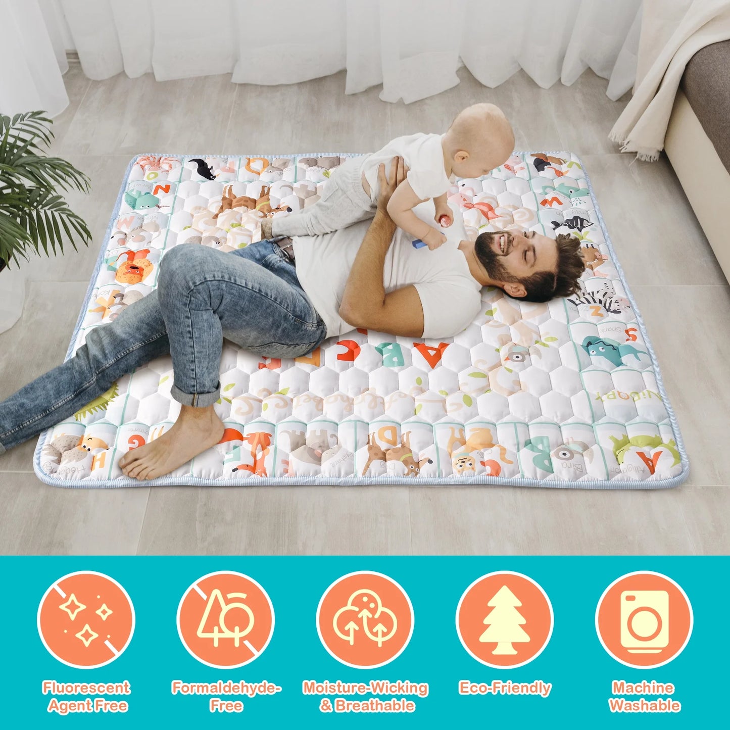 NiBaby 50x50 Foam Baby Playmat with Vibrant Patterns, Foldable Thick Cushioned Play Area and Non-Slip Base for Indoor/Outdoor Use, Machine-Washable, Hypoallergenic and Safe for Baby (Alphabet)