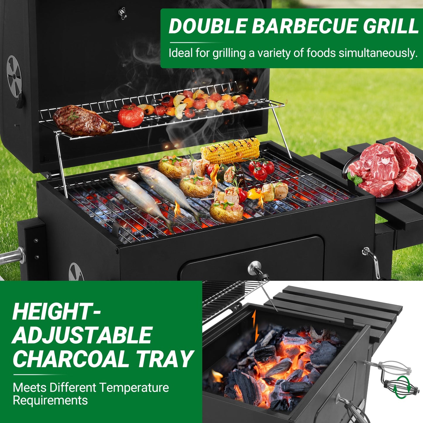BBQ Charcoal Grill Outdoor Barbecue Pit Smoker with Double Grill,Liftable Charcoal Tray