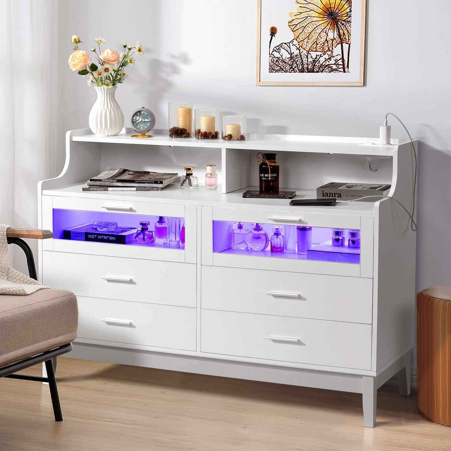 Zimtown 6 Drawer Double Dresser for Bedroom with Charging Station, Wide Chest of Drawers with LED Light, Traditional Bedroom Furniture, White
