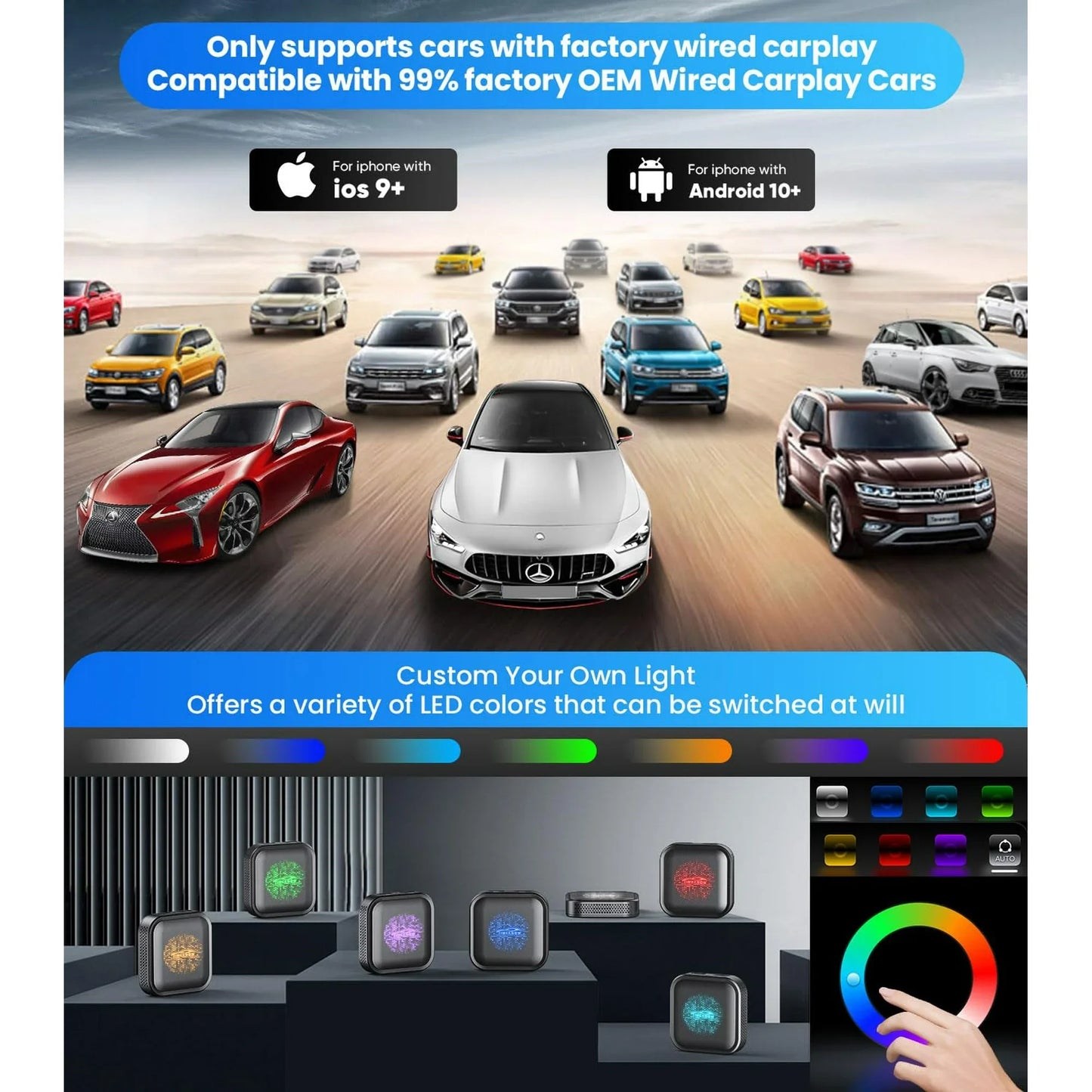 TIMEKNOW Wireless Carplay Adapter Magic Box with Netflix YouTube Tiktok, Upgrade LED Wireless Android Auto Adapter HDMI Dongle for Phone to Miracast/Stream Media to Car/TV, for OEM Wired CarPlay Car