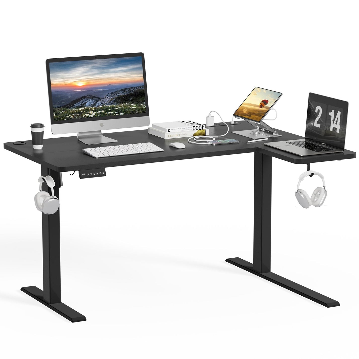 JOZ Electric Height Adjustable 47-inch Corner Stand up Desk - L-Shaped Standing Workstation, Black Table Top, Black Frame, 3CT Series