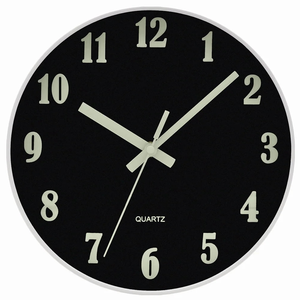 QKURT Modern Night Light Wall Clock, 10 Inch Silent Non-Ticking Quartz Wall Clocks, Glow in The Dark Battery Operated Decorative Wall Clock for Bedroom, Kitchen, Living Room
