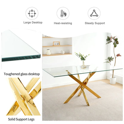 Sumdeal 63 Glass Dining Table Set for 6,Gold Base Dining Room Table with 6 Gold Leg C Shape Chairs