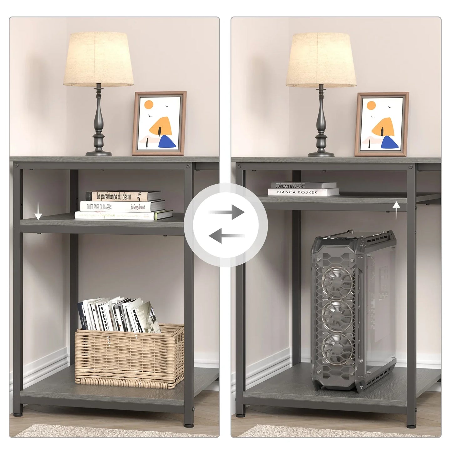 JOZ 59in Two-Way Convertible Desk with Lower Storage Shelf, Rock Gray Wood Grains Finish and Black Metal Frame