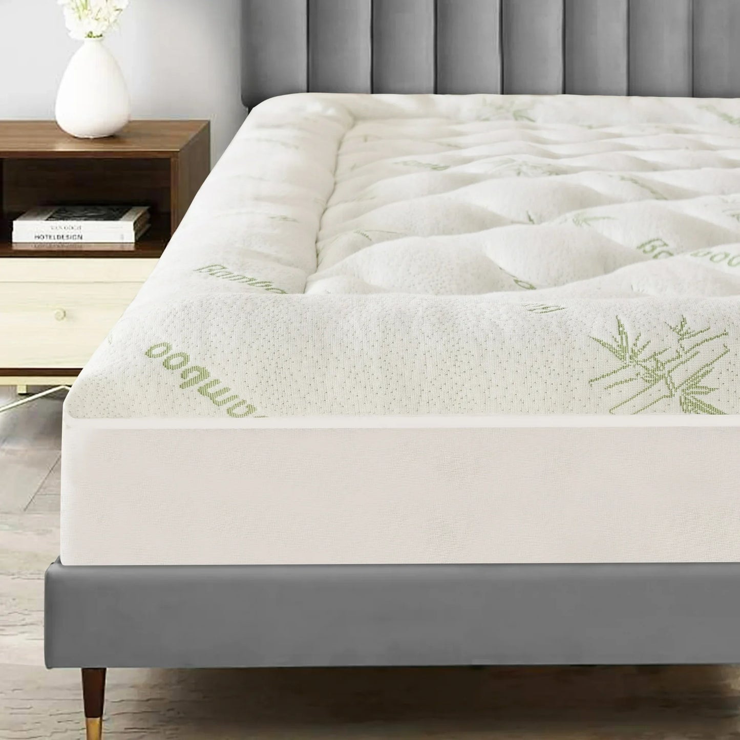 Arsny Bamboo Bedding Quilted Fitted Mattress Topper Queen Size 60"x80"