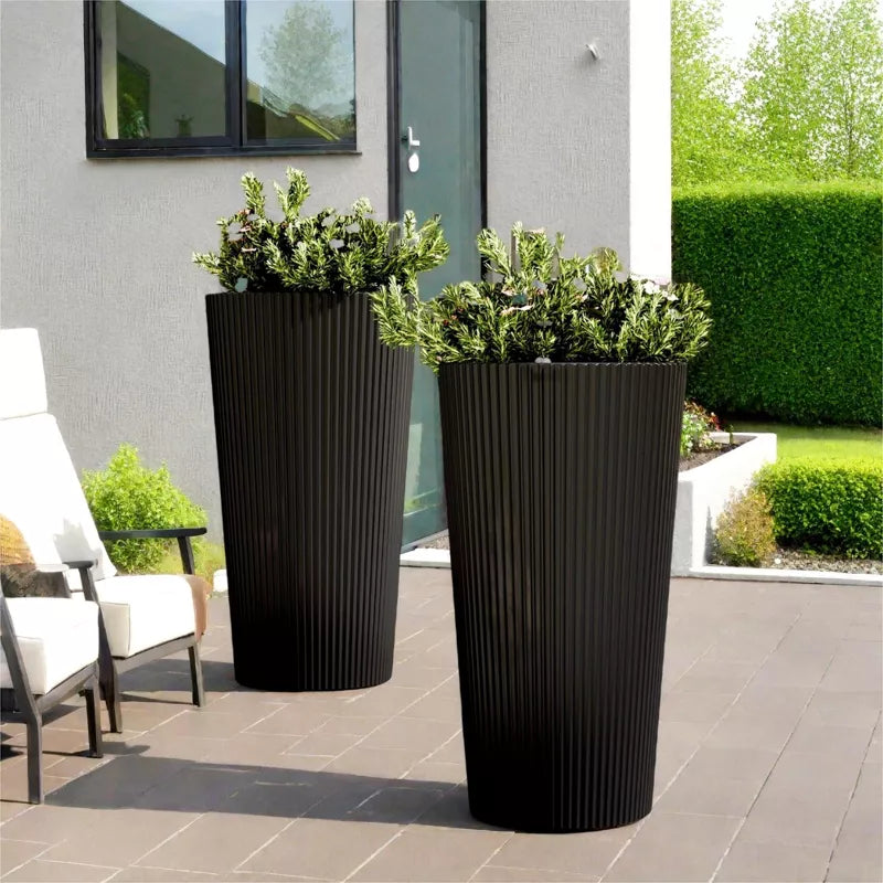 Maggift Planters Tall Planters, 2PCS Indoor Planter Pot Outdoor, Large Flower Pot Cone Striped Plastic Flower Pot , Black 13"*13"*23.6"