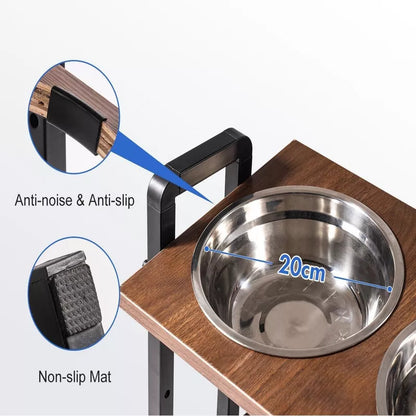 Mewoofun Pet Beds Raised Dog Bowl for Large Medium Size Dogs 4 Height Adjustable, Sturdy Wooden Raised Dog Bowls, Brown, 17.52"*10.63"*4.72"