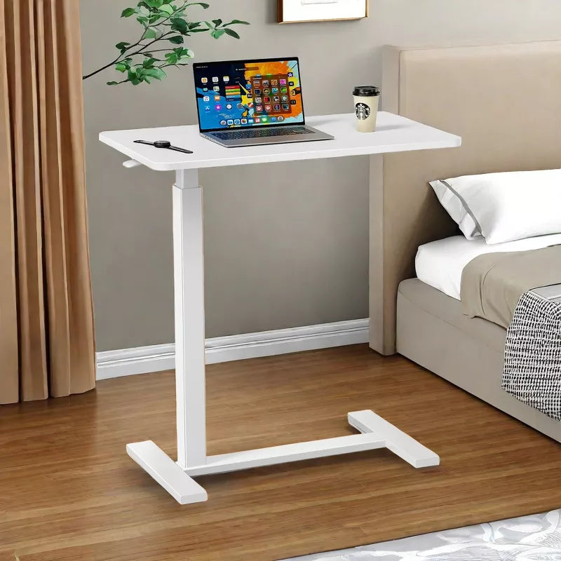 GlasFlength Desks Overbed Bedside Table with Wheels, Adjustable Height Mobile Standing Desk, Rolling Bed Table for Hospital, White, 27.5"*15.7"*43.3"