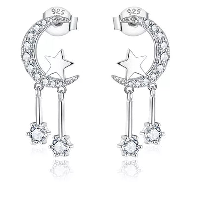 Molenia Moon Star Earrings Studs, 925 Sterling Silver Small Crescent Moon Studs Star Dangle Earrings Tiny Drop Tassel Dainty Jewelry Gifts for Women