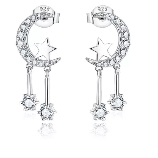 Molenia Moon Star Earrings Studs, 925 Sterling Silver Small Crescent Moon Studs Star Dangle Earrings Tiny Drop Tassel Dainty Jewelry Gifts for Women