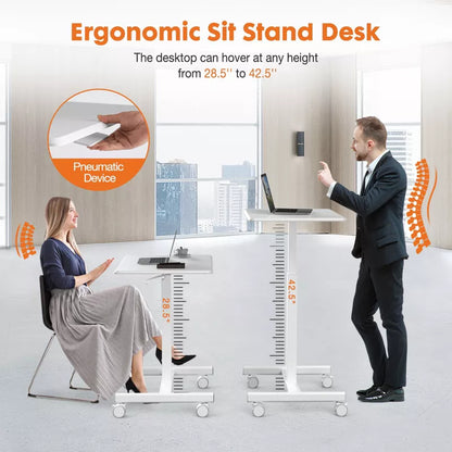 Bencmate Desks Mobile Small Standing Desk Adjustable Height, Portable Roller Desk with Wheels, Laptop Standing Desk, White, 25.7"*19"*28.5"