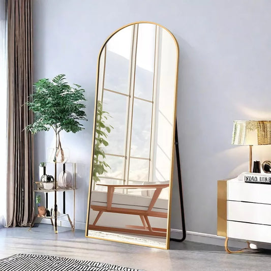 GlasFlength Full Length Mirrors Floor Standing Mirror, Wall Mirror with Stand Aluminum Alloy Thin Frame, Arched Gold 64"*13.7"*21"