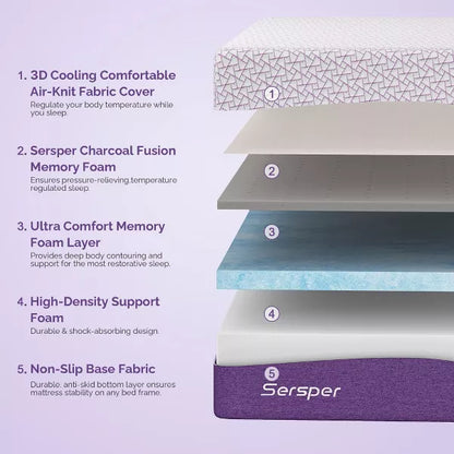 Sersper 12 inch Memory Foam Mattress for Adjustable Beds – Bamboo Charcoal & Spine Alignment Support