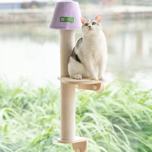 Mewoofun Pet Beds Cat Window Perch Hammock Bed with Scratching Post Climbing Steps, Wooden Cat Perch for Indoor Cats, White, 32.70"*14.10"*10.70"