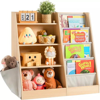 FONTOI Kids Bookshelf, Book Shelf with Side Pocket, 4 Tier Sling Bookcase Toy Organizer Toddler Nursery Book Shelves, Brown, 35.4"x 15.7" x 31.5"