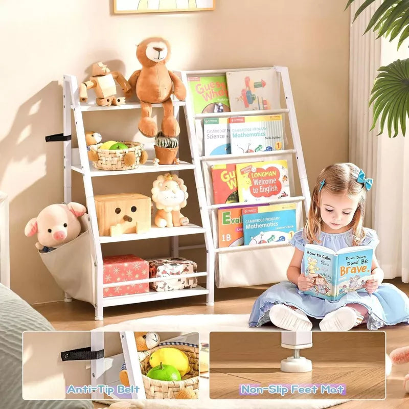 Unikito Kids Bookshelf, Book Shelf with Side Pocket, 4 Tier Sling Bookcase Toy Organizer Toddler Nursery Book Shelves, White, 33.9"x 11.8" x 30.9"