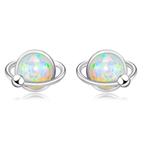 Molenia Tiny Opal Planet Earrings for Women, 925 Sterling Silver Post White Opal Stud Space Earrings Butterfly Back Jewelry Gifts for Her Women