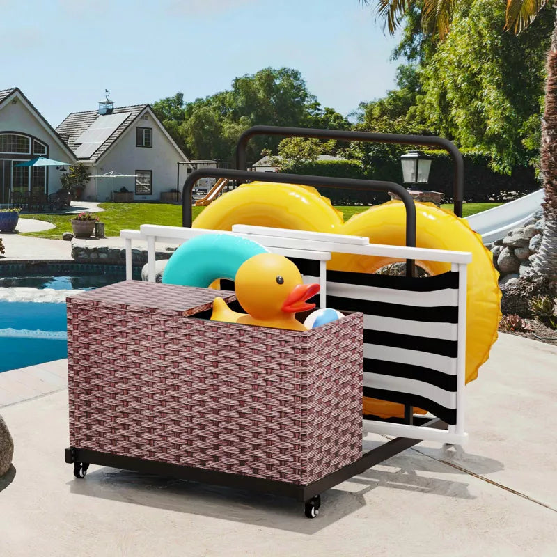 Maggift Wheelbarrows, Pool Cart with Wheels, Storage and Towel Rack, Storage Deck Box for Outdoor Patio Float,for patio, Brown, 31.5"*39.4"*37.6"