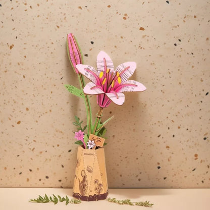 Robotime 3D Puzzles Pink Lily DIY Model Building Kits Artifical Flower Toys for Thanksgiving Mother's Day, Multicolored, 9.65"*6.5"*1.65"