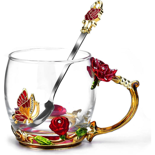 Gifts for Women Glass Coffee Enamel Mug Gifts Set, Best Birthday Butterfly Rose Gifts for Women Mom Valentines Day Mothers Day Christmas Anniversary, Lead-Free Red Tea Cup with Spoon Set