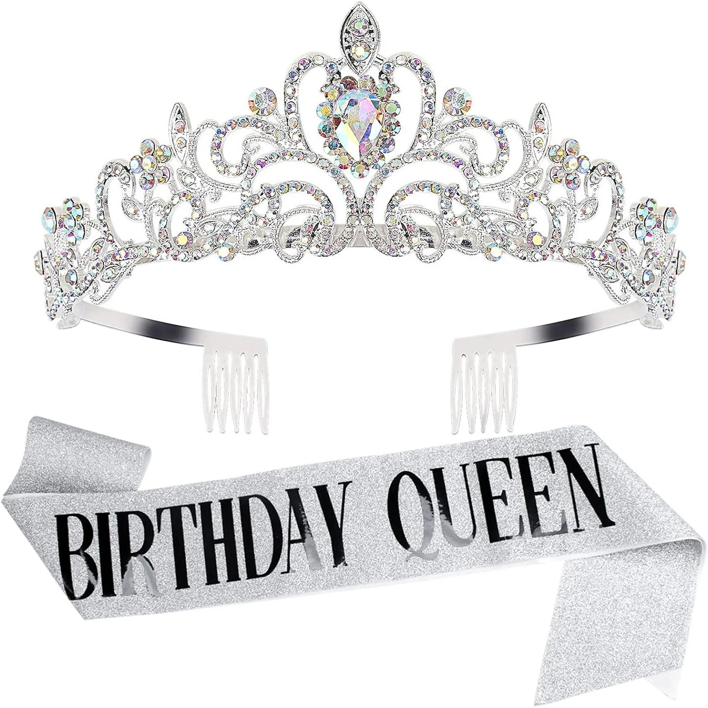 HOWAF Birthday Tiara for Women, Tiara for Women AB Rhinestone, Happy Birthday Queen Tiara for Women Birthday Crown Sash 2 Pack, Silver
