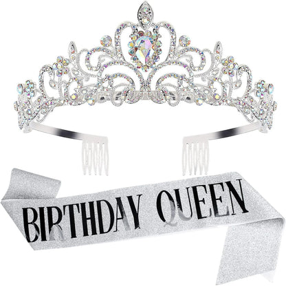 HOWAF Birthday Tiara for Women, Tiara for Women AB Rhinestone, Happy Birthday Queen Tiara for Women Birthday Crown Sash 2 Pack, Silver