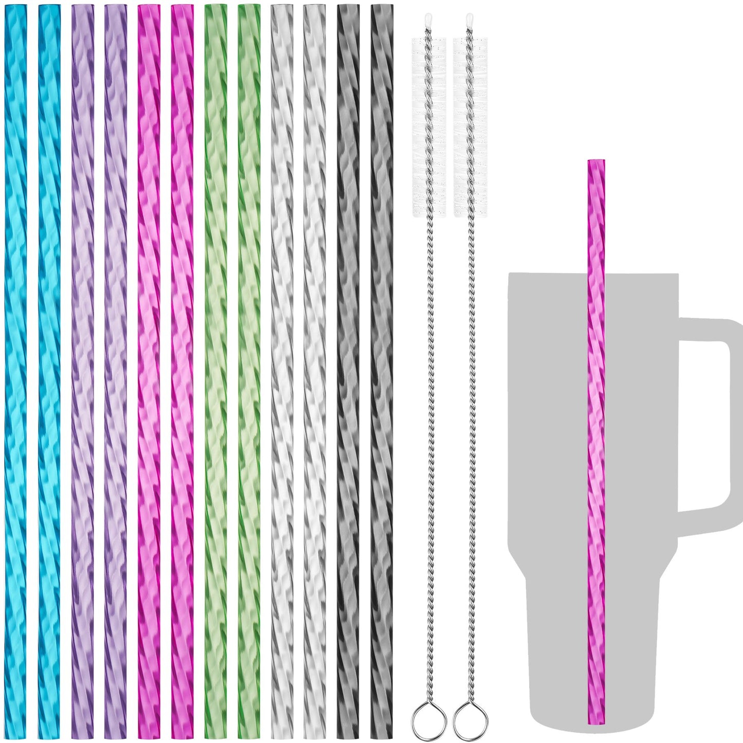 NiHome 12PCS Wave Pattern Plastic Drinking Straws for Stanley 40oz Tumbler with 2 Cleaning Brushes, 12 Long Durable PETG BPA-Free & Non-Toxic for Water, Cold Drinks, Milkshakes(Mixed Colors)