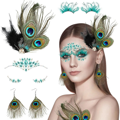 Peacock Feather Jewelry Set for Women, Green Fascinator Feather Clip Earring Big Eyelashes and Glitter Face Jewels Makeup Stickers for Halloween Carnival Festival Party Hair Face Decorations