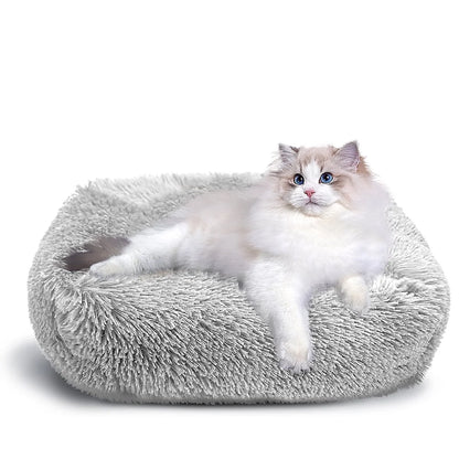 QKURT Cat Bed for Indoor Cats, Small Dog Beds for Small Dogs, Soft Long Plush Cushion Washable Puppy Bed,Self-Warming Square Cat Bed Anti-Slip Bottom Cushion (26 x 22 x 8 inch, Grey)
