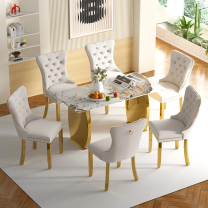 Sumdeal 63 Modern Sintered Stone Dining Table with 6 Velvet Dining Chairs,White pattened Table with Golden Leg,6 Beige Chairs