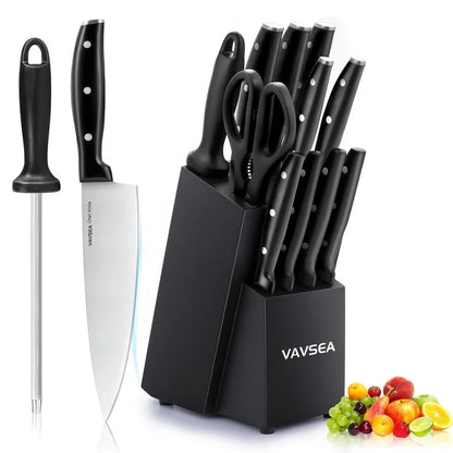 VAVSEA Kitchen Knife Set, German Knife Block Set with Sharpening Rod, 12Pcs Anti Rust Stainless Steel Knives Set, Dishwasher Safe, Black