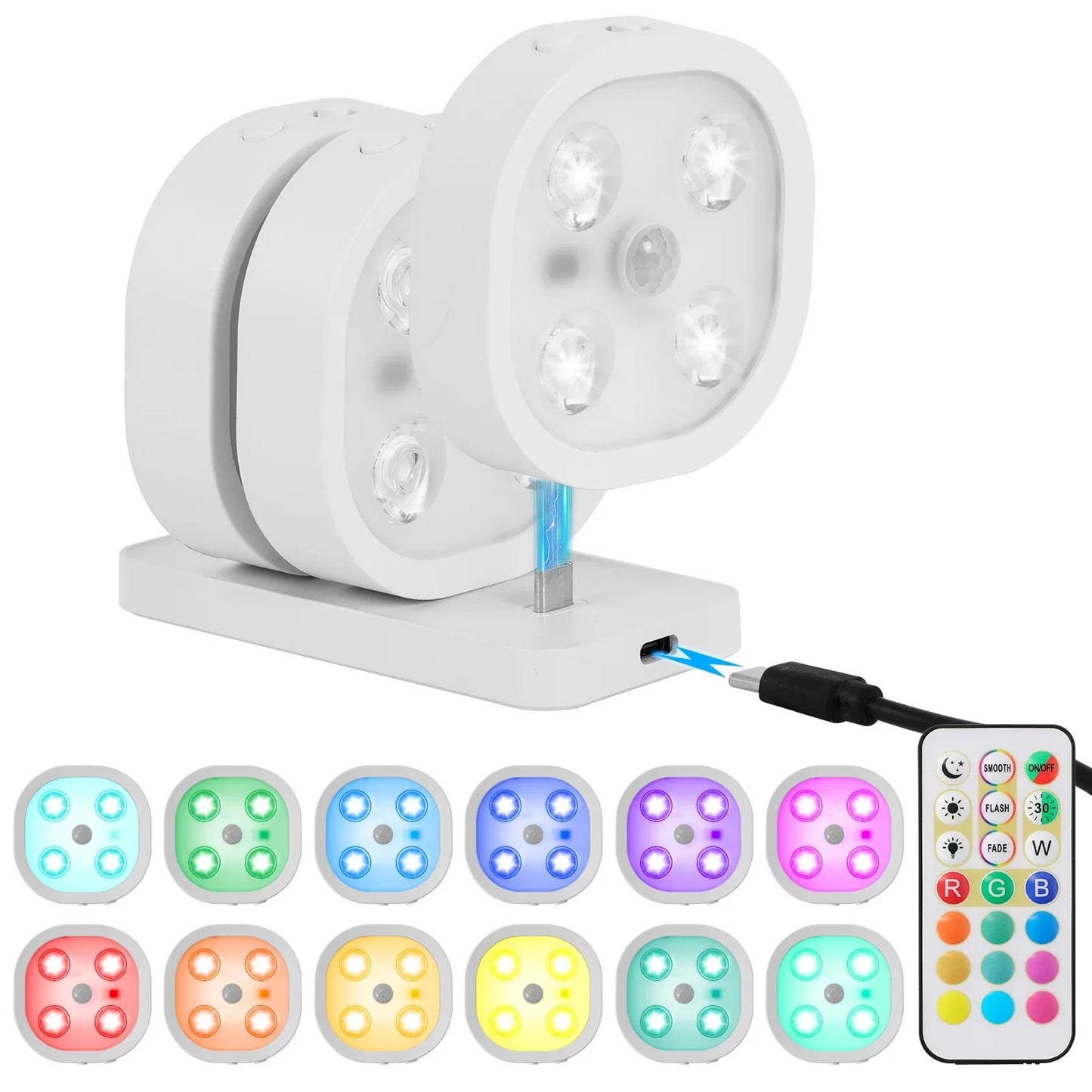 Wireless Step Light Rechargeable Puck Lights with Charging Station, Colorful RGB Motion Sensor Puck Light Under Cabinet Lighting with Remote Control, LED Closet Lights for Stair, Kitchen (3 Pcs)