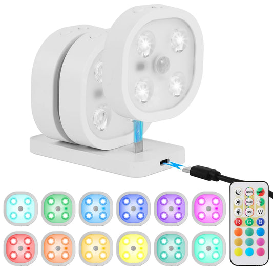 Wireless Step Light Rechargeable Puck Lights with Charging Station, Colorful RGB Motion Sensor Puck Light Under Cabinet Lighting with Remote Control, LED Closet Lights for Stair, Kitchen (3 Pcs)