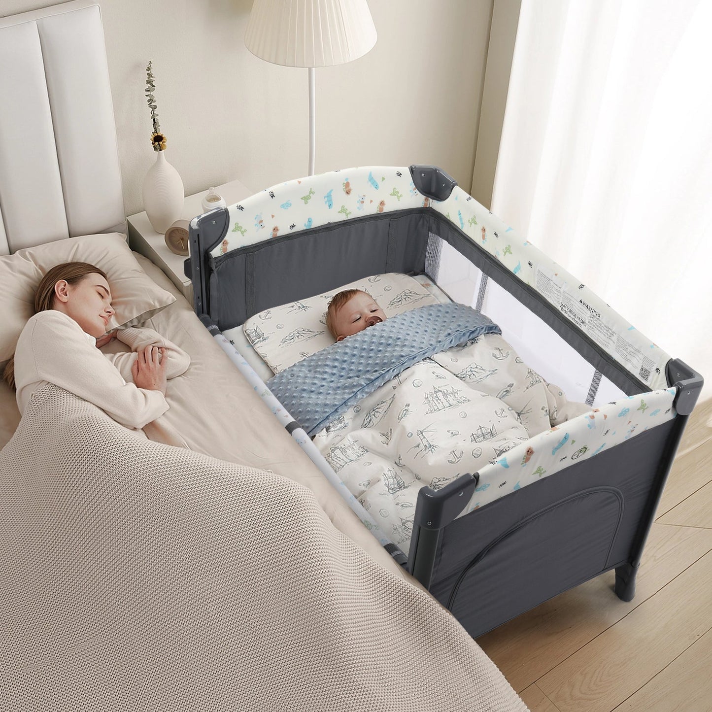 Zimtown 4-in-1 Wide Baby Bassinet Bedside with Mattress, Portable Baby Crib for Newborn to Toddlers, Gray