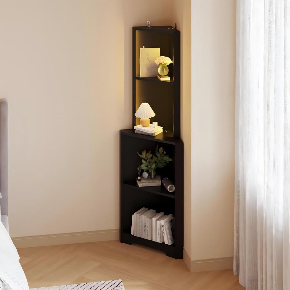 FCH 5-Tier Corner Bookshelf Corner Bookcase Display Storage Rack with LED USB Ports Outlets Black