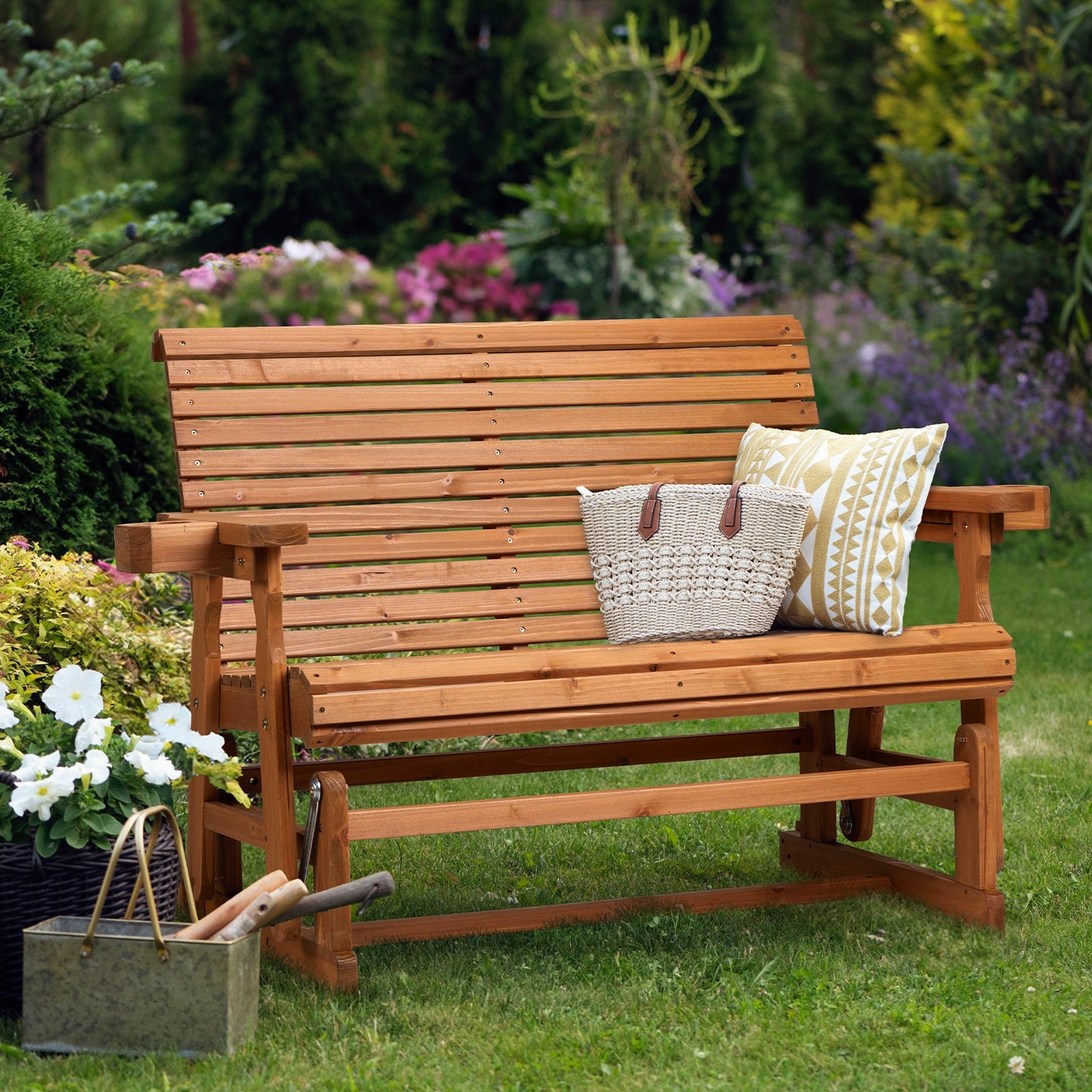 Outdoor Swing Glider Chair,2-Person Patio Wooden Glider Bench with Cup Holder