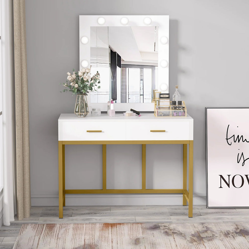 Zimtown Wood Vanity Set Makeup Table with Lighted Mirror Dressing Table Dresser Desk with 2 Drawers for Bedroom (White)