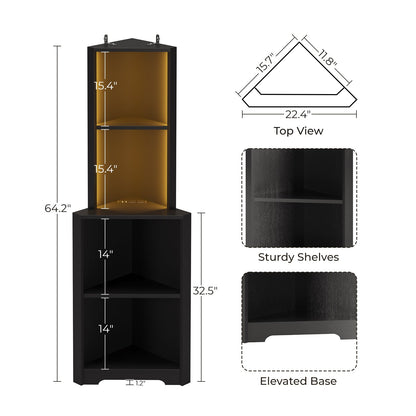 FCH 5-Tier Corner Bookshelf Corner Bookcase Display Storage Rack with LED USB Ports Outlets Black
