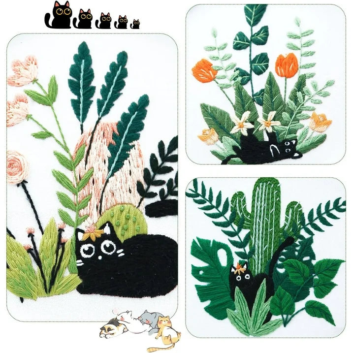 3 Pack Embroidery Kit for Beginners, Sewing Cross Stitch Starter Set Craft Stamped Cloth with Cute Cat Pattern Hoops Threads and Needles