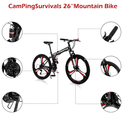 Zimtown 26" Folding Mountain Bike, Shimano 21 Speed MTB Bicycle for Adults, Black