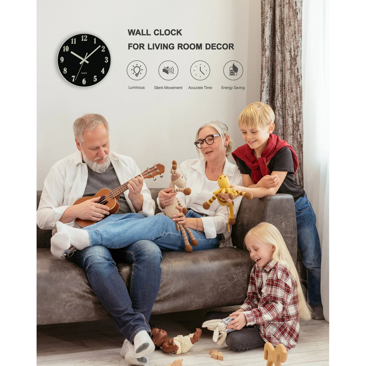 QKURT Modern Night Light Wall Clock, 10 Inch Silent Non-Ticking Quartz Wall Clocks, Glow in The Dark Battery Operated Decorative Wall Clock for Bedroom, Kitchen, Living Room