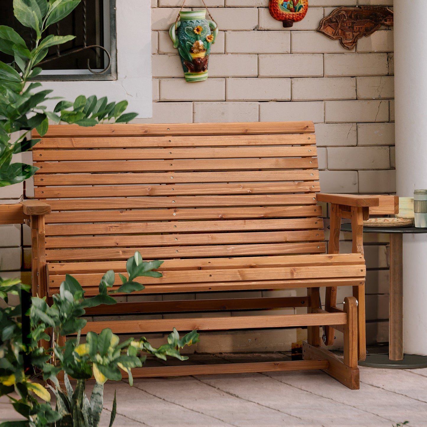 Outdoor Swing Glider Chair,2-Person Patio Wooden Glider Bench with Cup Holder