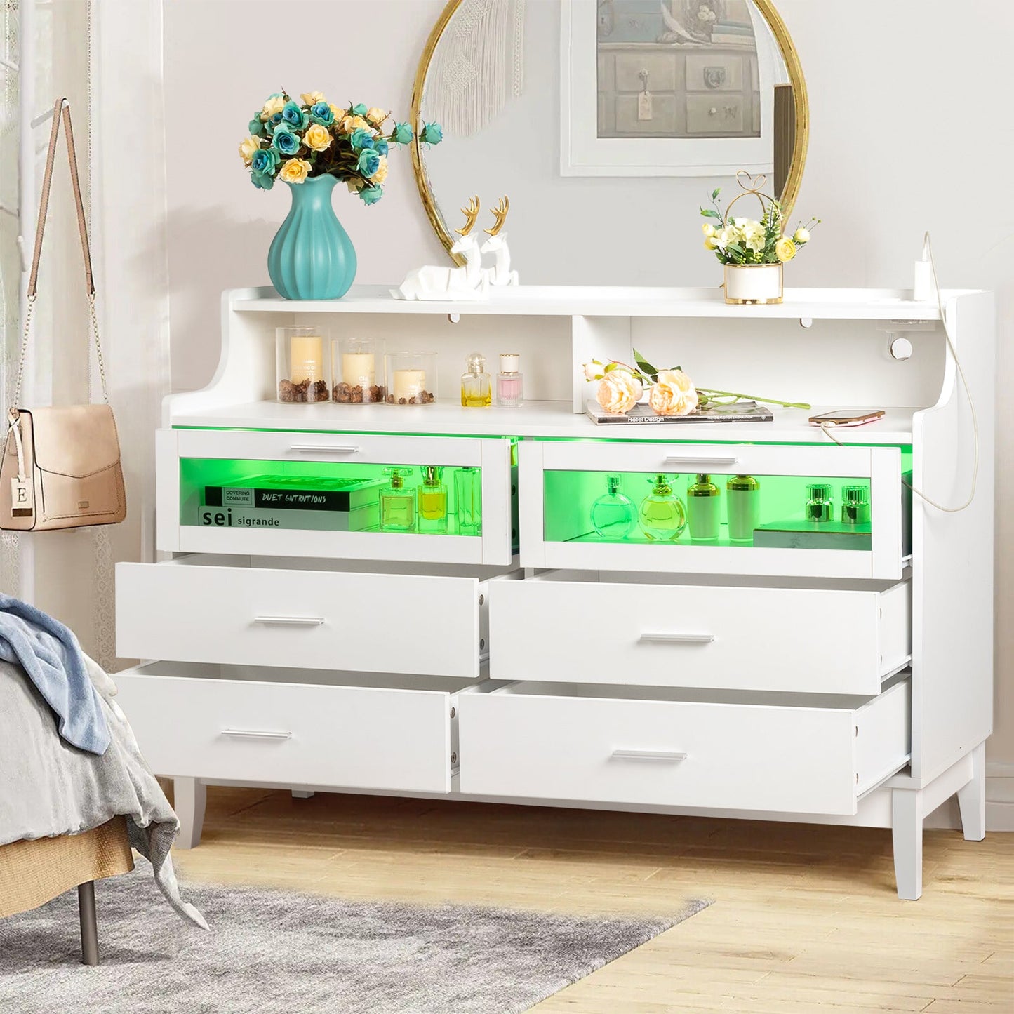Zimtown 6 Drawer Double Dresser for Bedroom with Charging Station, Wide Chest of Drawers with LED Light, Traditional Bedroom Furniture, White