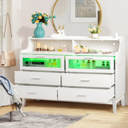 Zimtown 6 Drawer Double Dresser for Bedroom with Charging Station, Wide Chest of Drawers with LED Light, Traditional Bedroom Furniture, White