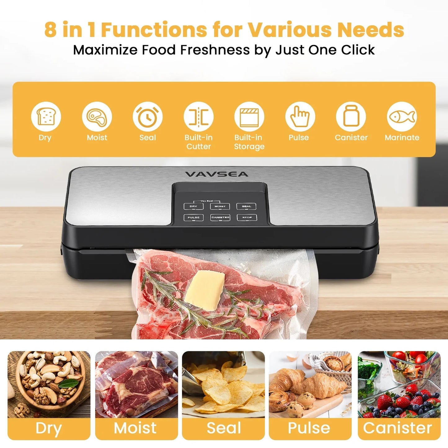 VAVSEA Vacuum Sealer Machine,85kPa Food Vacuum Sealer with Bag Roll Storage Space,8 in 1 Food Vacuum Machine with 10 Vacuum Bags  1 Bag Roll for Sous Vide and Food Storage