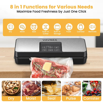VAVSEA Vacuum Sealer Machine,85kPa Food Vacuum Sealer with Bag Roll Storage Space,8 in 1 Food Vacuum Machine with 10 Vacuum Bags  1 Bag Roll for Sous Vide and Food Storage