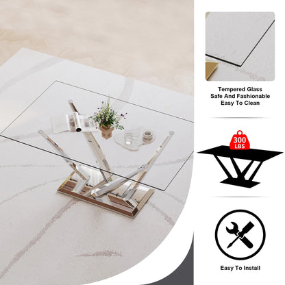 63 rectangele Glass Dining Table Sets for 6,Modern Dining Table with Silver base and 6 Silver Leg PU Chairs Room Set for Kitchen Dining Room,Living room,Glass table and White Chairs