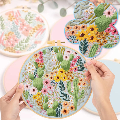 3 Pack Embroidery Kit for Beginners, Sewing Cross Stitch Starter Set with Flowers and Plants Pattern Stamped Cloth Hoops Threads and Needles, DIY Handmade Sewing Crafts