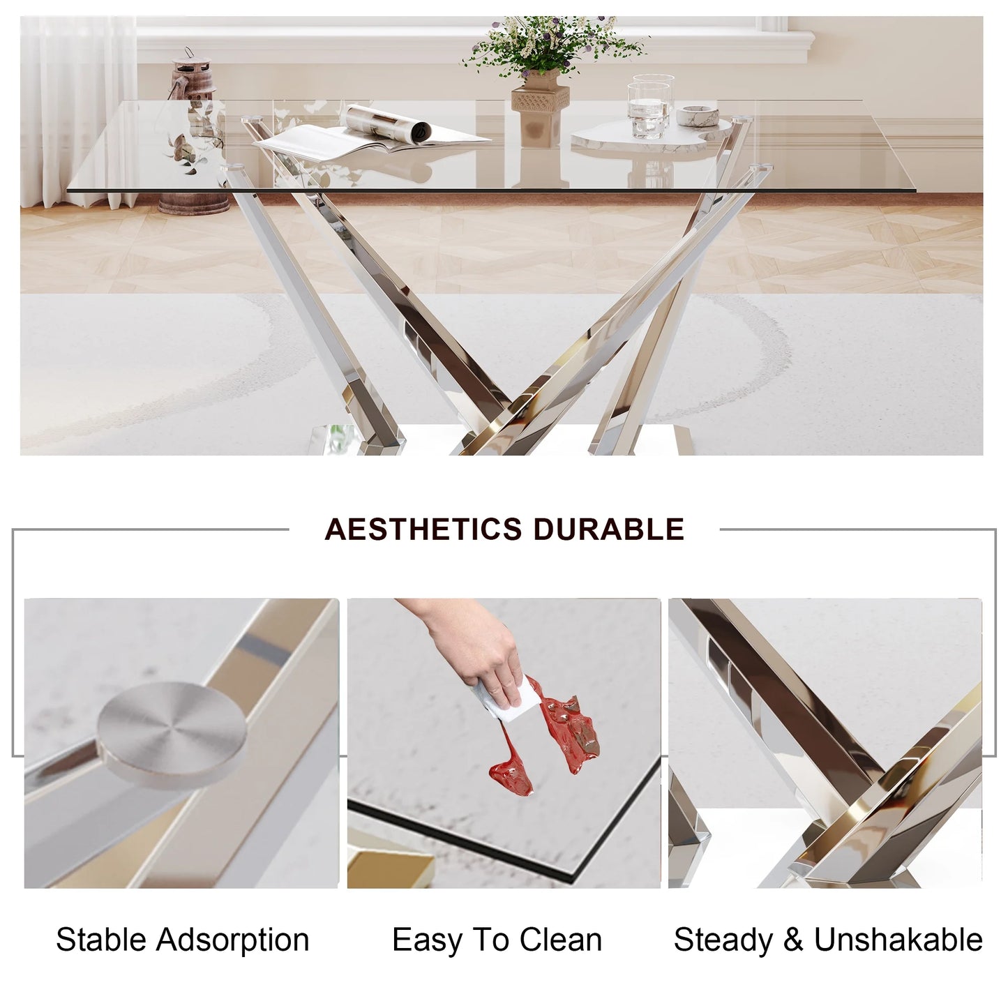 63 rectangele Glass Dining Table Sets for 6,Modern Dining Table with Silver base and 6 Silver Leg PU Chairs Room Set for Kitchen Dining Room,Living room,Glass table and White Chairs