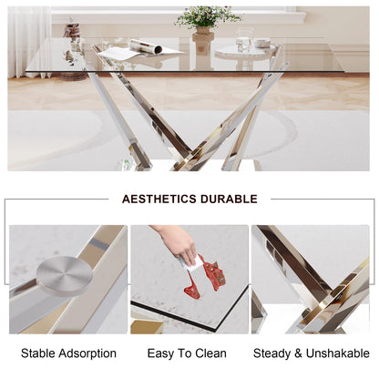 63 rectangele Glass Dining Table Sets for 6,Modern Dining Table with Silver base and 6 Silver Leg PU Chairs Room Set for Kitchen Dining Room,Living room,Glass table and White Chairs